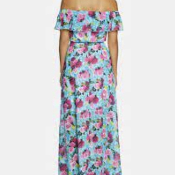 Betsey Johnson Off The Shoulder Floral Maxi Dress Size 14 Blue Roses Multicolor - Picture 12 of 12